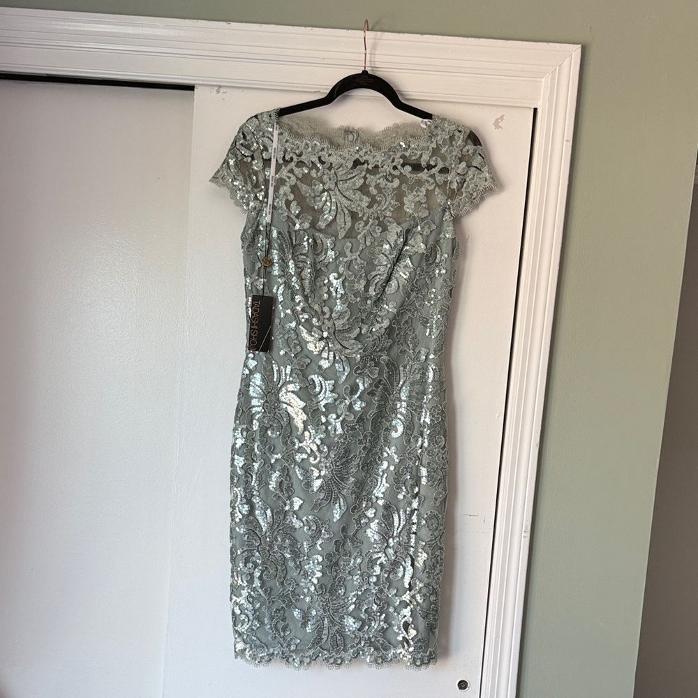 Tadashi Shoji Soft Blue Lace Midi Dress with Cap Sleeves – Size 8, NWT